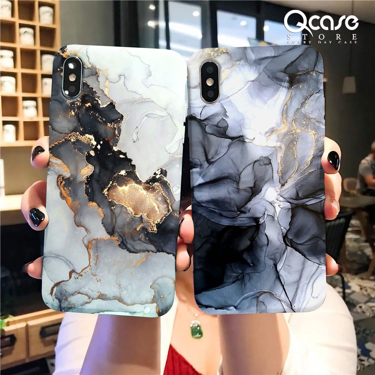 Black and Grey with Gold Marble Phone Cases