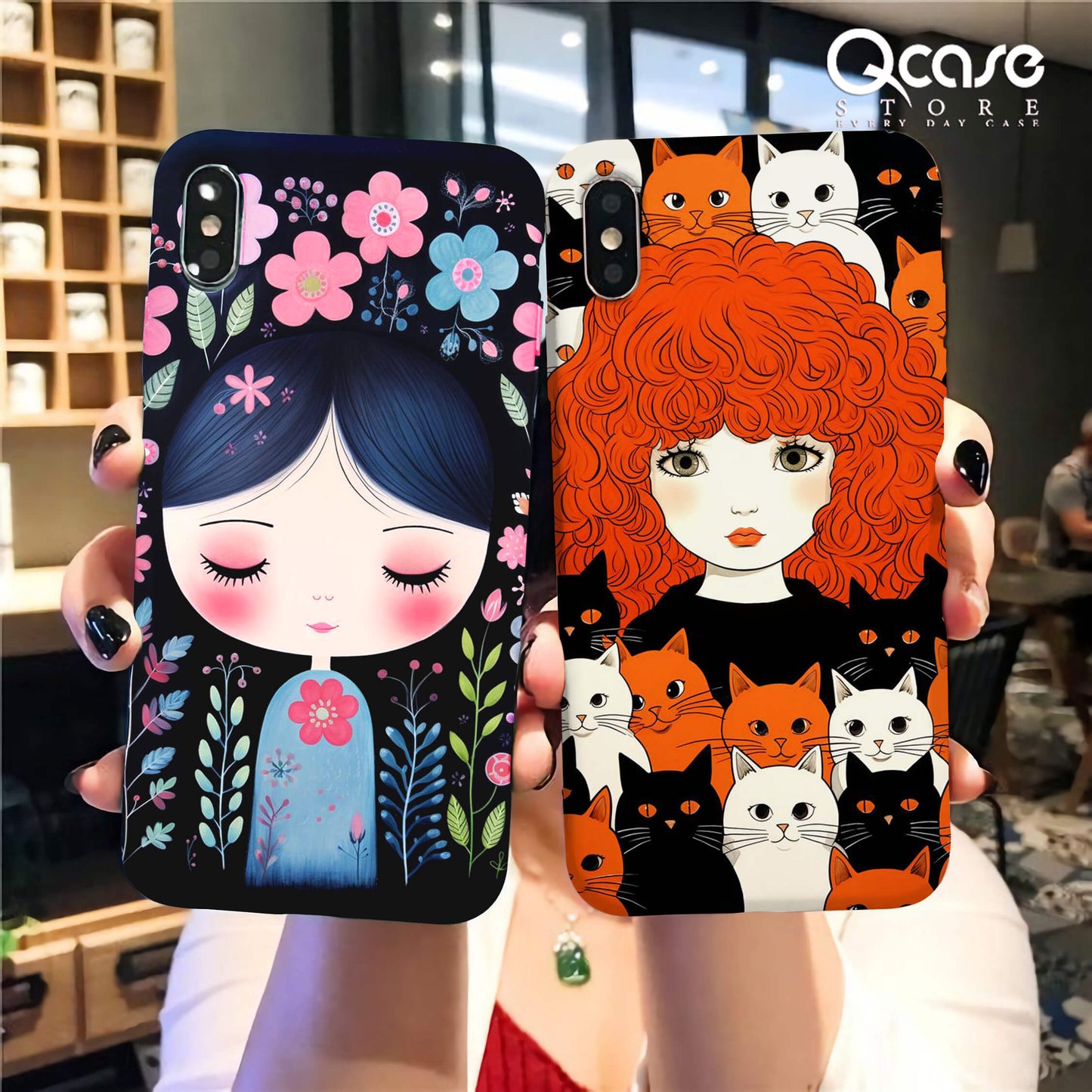 Cute Girls with cats and flowers Phone Cases