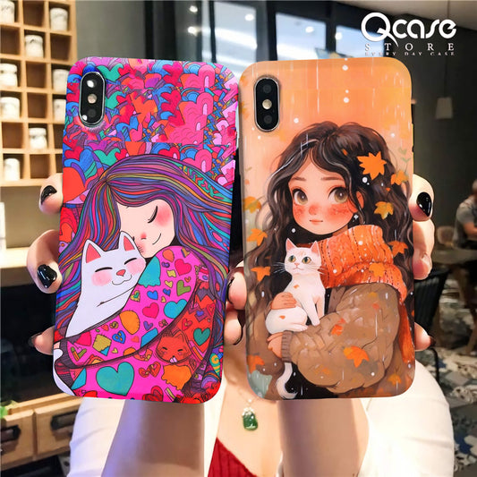 Cute Girl carrying cute cat with hug Phone Case