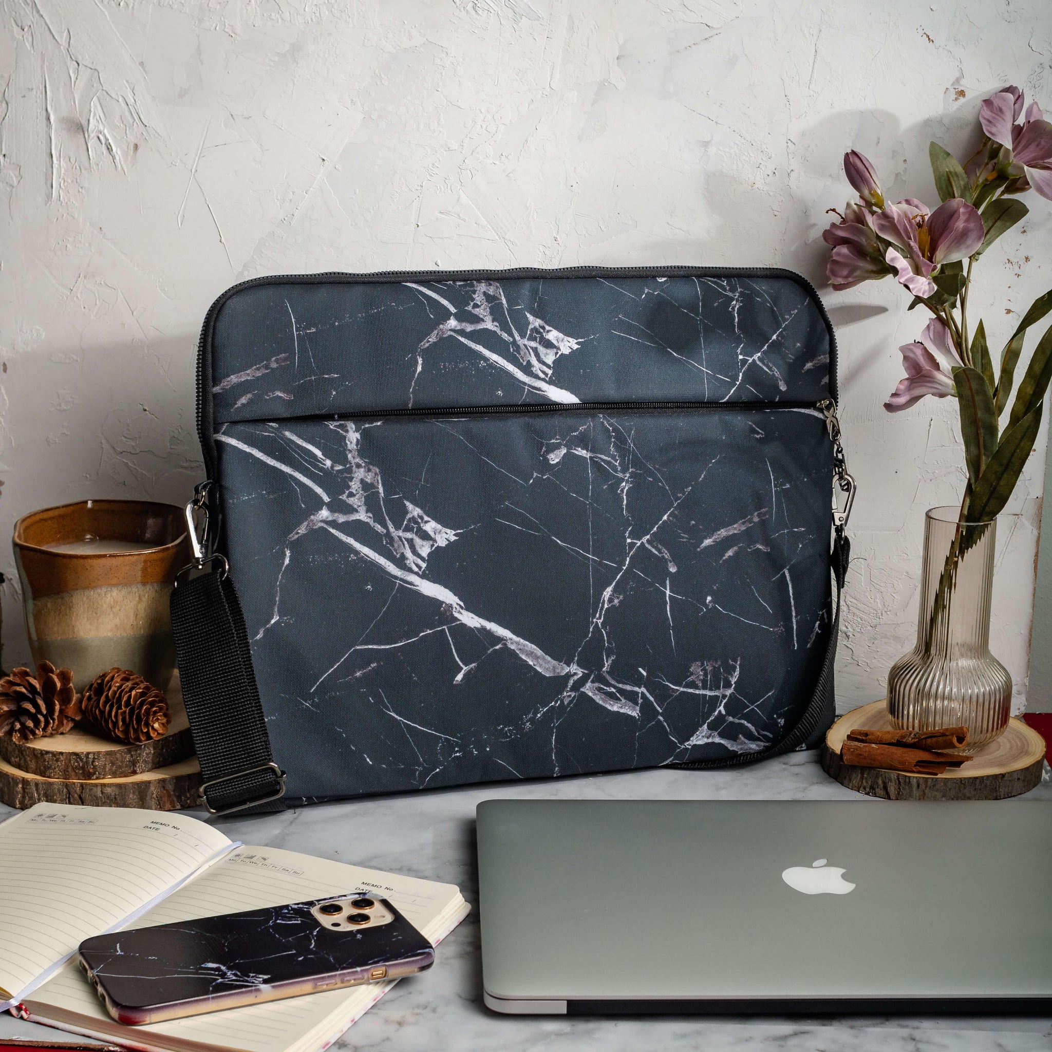 15.6 Inch Protective Printed Fabric Laptop Case Sleeve Waterproof with an External Pocket Shoulder Strap Black Marble Qcase Store Everyday Case